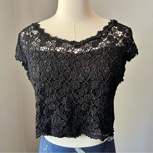 Black Lace Rose Detail Crop Top